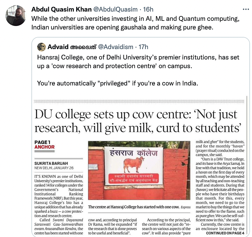 Cow Research Centre at Delhi’s Hansraj College Draws Flak on Twitter