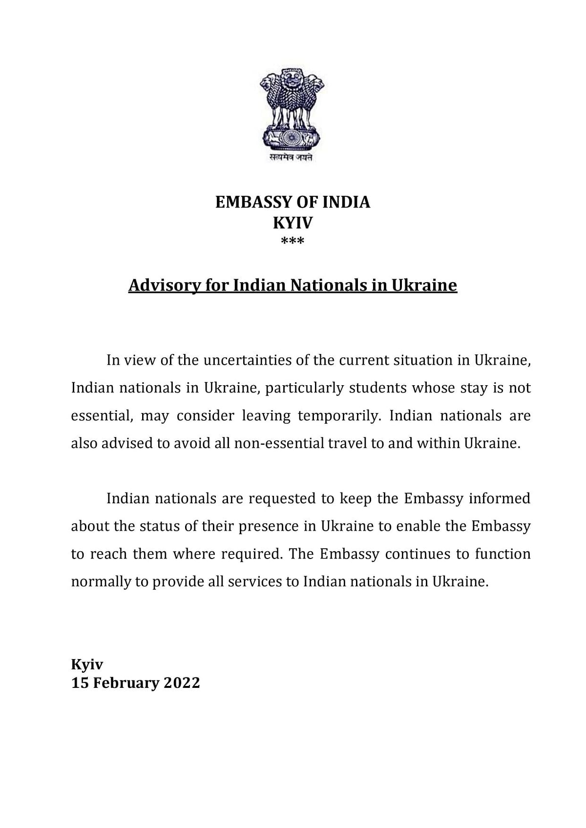 Indians, "particularly students whose stay is not essential," have been asked to leave Ukraine due to the crisis.
