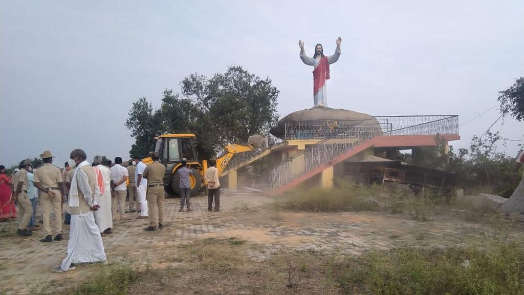 <div class="paragraphs"><p>Demolition of a 20 ft statue of Christ in Karnataka’s Kolar district.</p></div>