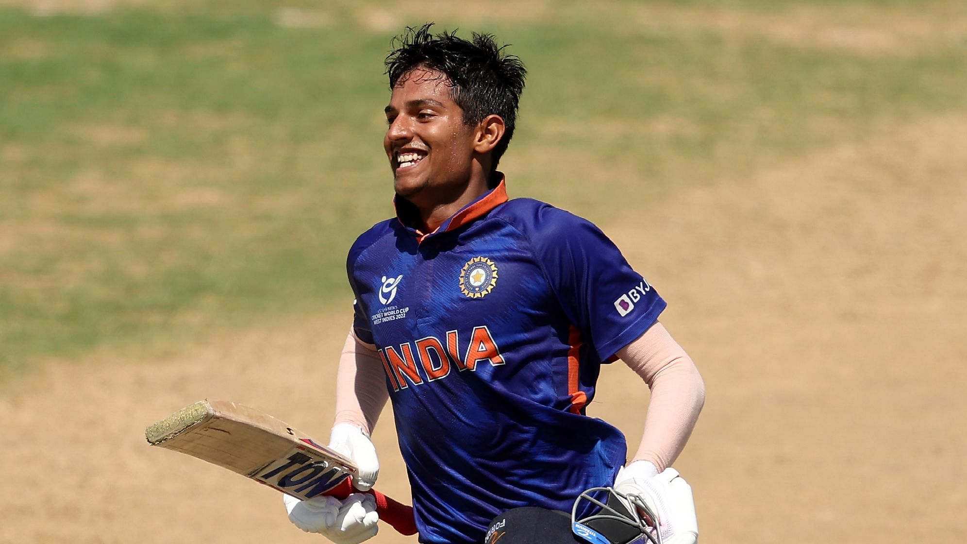 <div class="paragraphs"><p>Yash Dhull celebrates his century in the ICC Under-19 World Cup semi-final.&nbsp;</p></div>