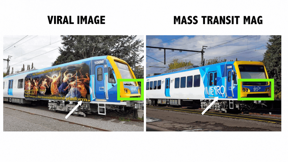 The photo shows a Melbourne Metro train and was altered to include Lord Krishna's imagery.