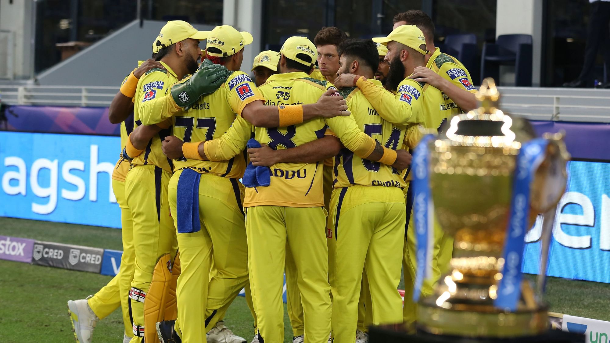 <div class="paragraphs"><p>Chennai Super Kings in a huddle at the 2021 IPL final.</p></div>