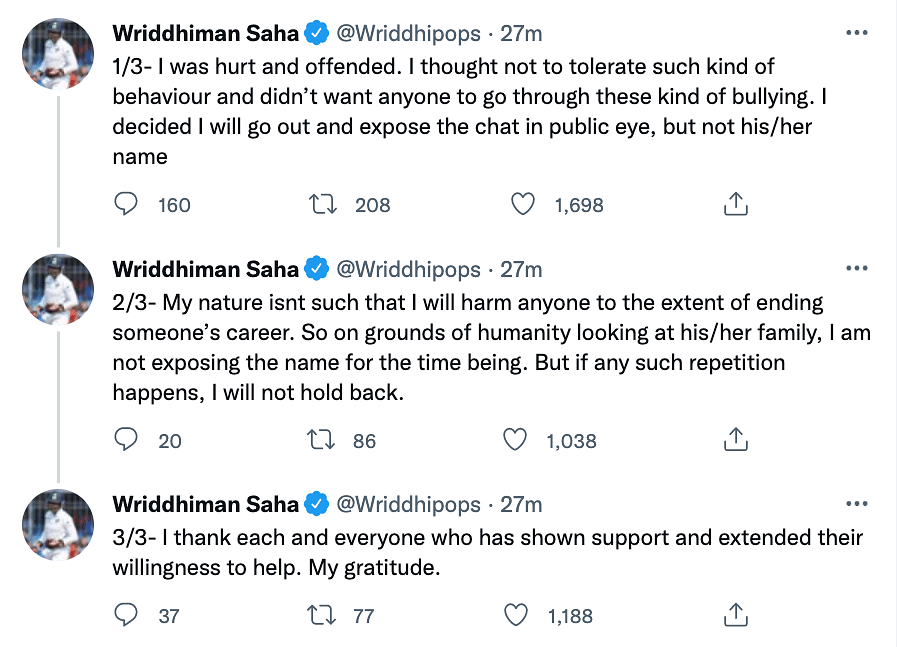 Wriddhiman Saha shared screenshots on a journalist threatening him while asking for an interview.