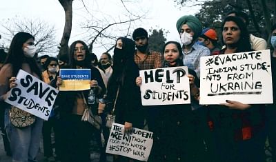 <div class="paragraphs"><p>The family of an Indian student studying in Ukraine holding up placards as they  protest in front of the Russian embassy in New Delhi in February. Image used for representational purposes.</p></div>