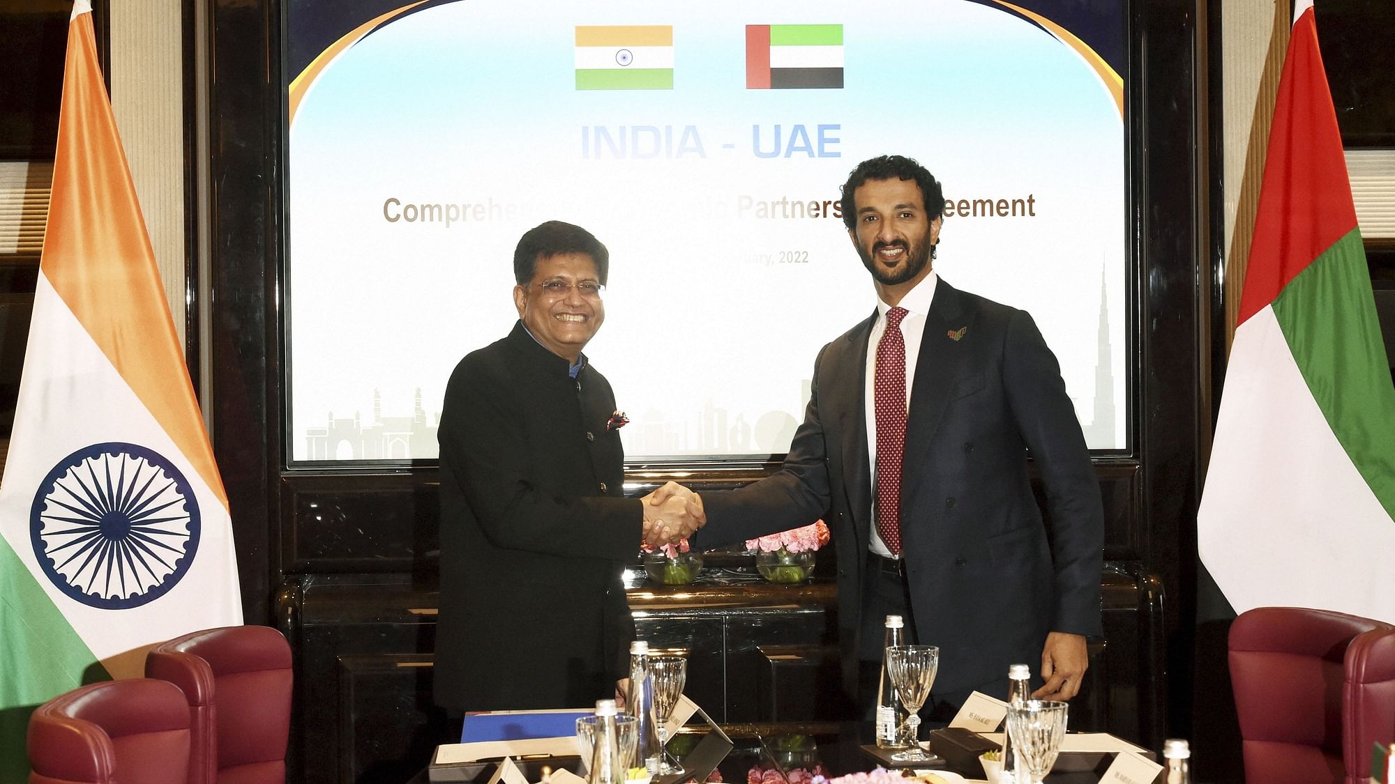 <div class="paragraphs"><p>Union Commerce and Industry Minister Piyush Goyal with UAE Economy Minister Abdulla bin Touq Al-Mari during a meeting on Comprehensive Economic Partnership Agreement, in New Delhi.</p></div>