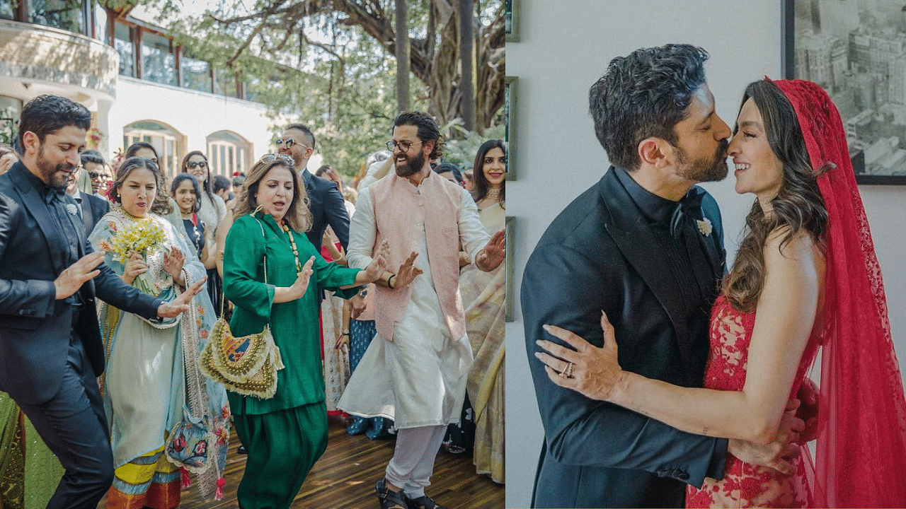 <div class="paragraphs"><p>Farhan Akhtar dancing with Hrithik Roshan, Farah Khan, Shabana Azmi, at his wedding with Shibani Dandekar.</p></div>