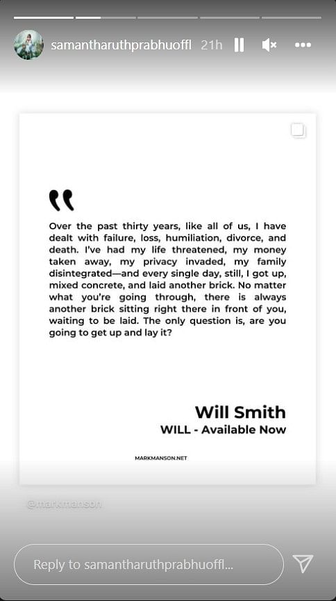 Samantha Ruth Prabhu called Will Smith's book 'Will', 'lovely and fascinating'.