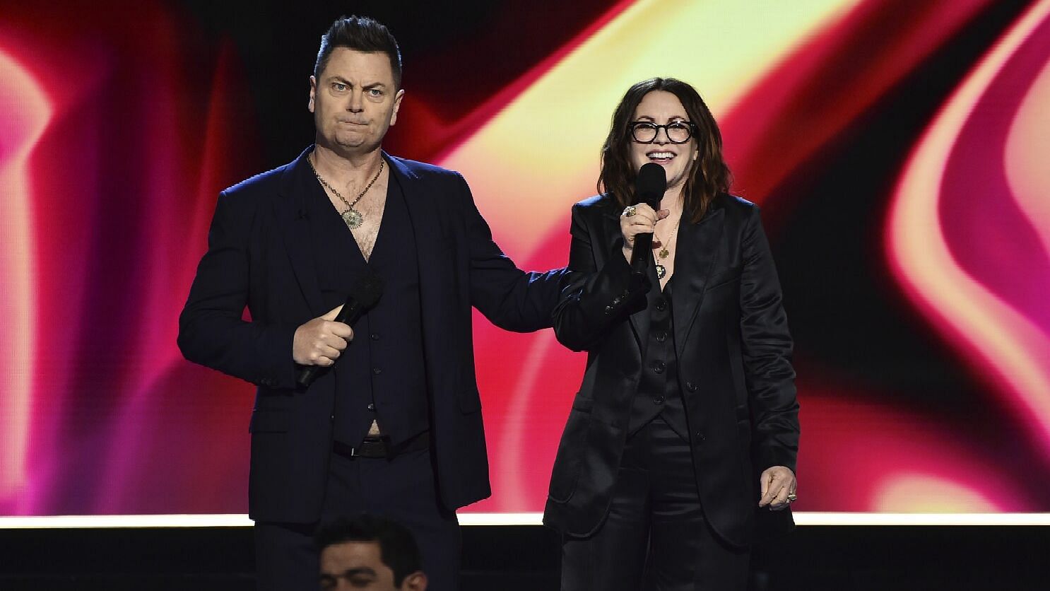 <div class="paragraphs"><p>Nick Offerman and Megan Mullally at&nbsp;2022 Independent Spirit Awards.</p></div>