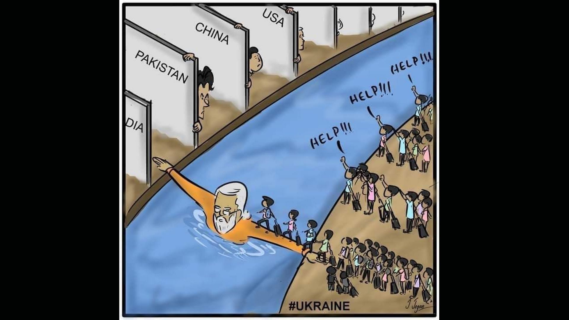 <div class="paragraphs"><p>The cartoon showed&nbsp;Prime Minister Narendra Modi as a bridge over a river for Indian students in Ukraine to traverse to reach India.</p></div>