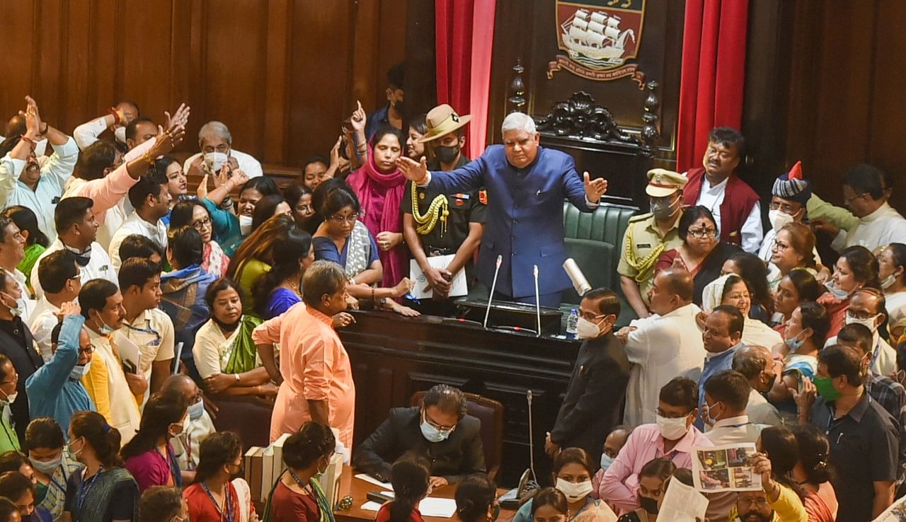 <div class="paragraphs"><p>West Bengal Governor Jagdeep Dhankar arrives amid a protest staged by BJP MLAs over alleged violence during recent civic polls, on the first day of the budget session in West Bengal Legislative Assembly in Kolkata,</p></div>