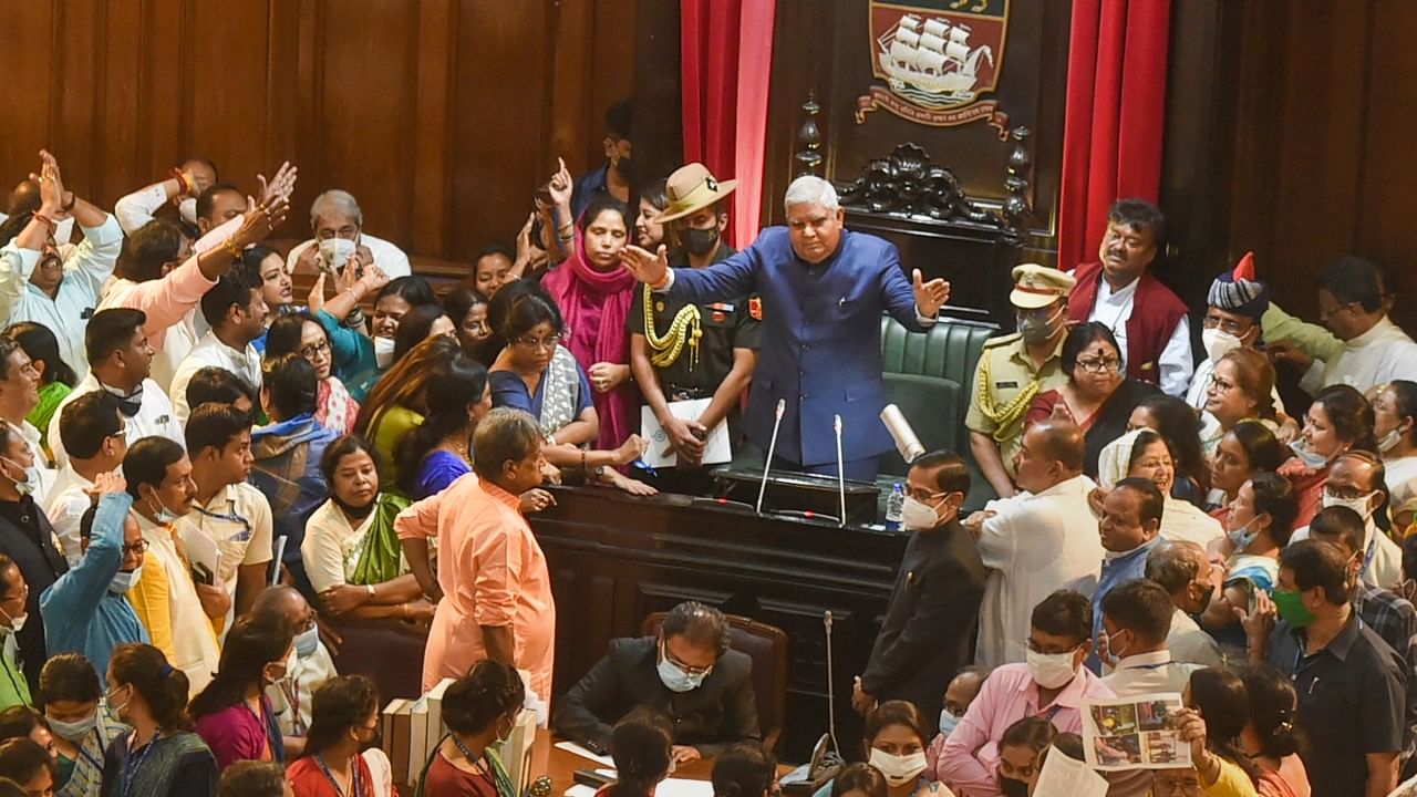 <div class="paragraphs"><p>West Bengal Governor Jagdeep Dhankhar arrives amid a protest staged by BJP MLAs over alleged violence during recent civic polls, on the first day of the budget session in West Bengal Legislative Assembly in Kolkata,</p></div>