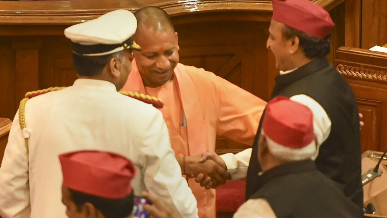 <div class="paragraphs"><p>Uttar Pradesh Chief Minister Yogi Adityanath and Leader of Opposition Akhilesh Yadav exchange greetings after taking oath as Members of the Legislative Assembly</p></div>