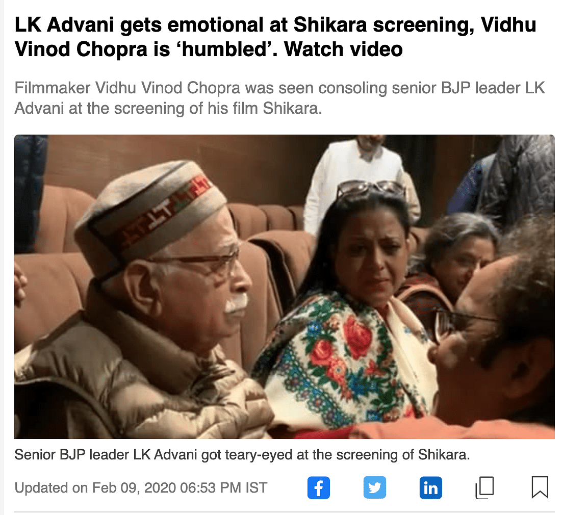 The video from 2020 shows LK Advani getting emotional during the screening of the movie 'Shikara'. 