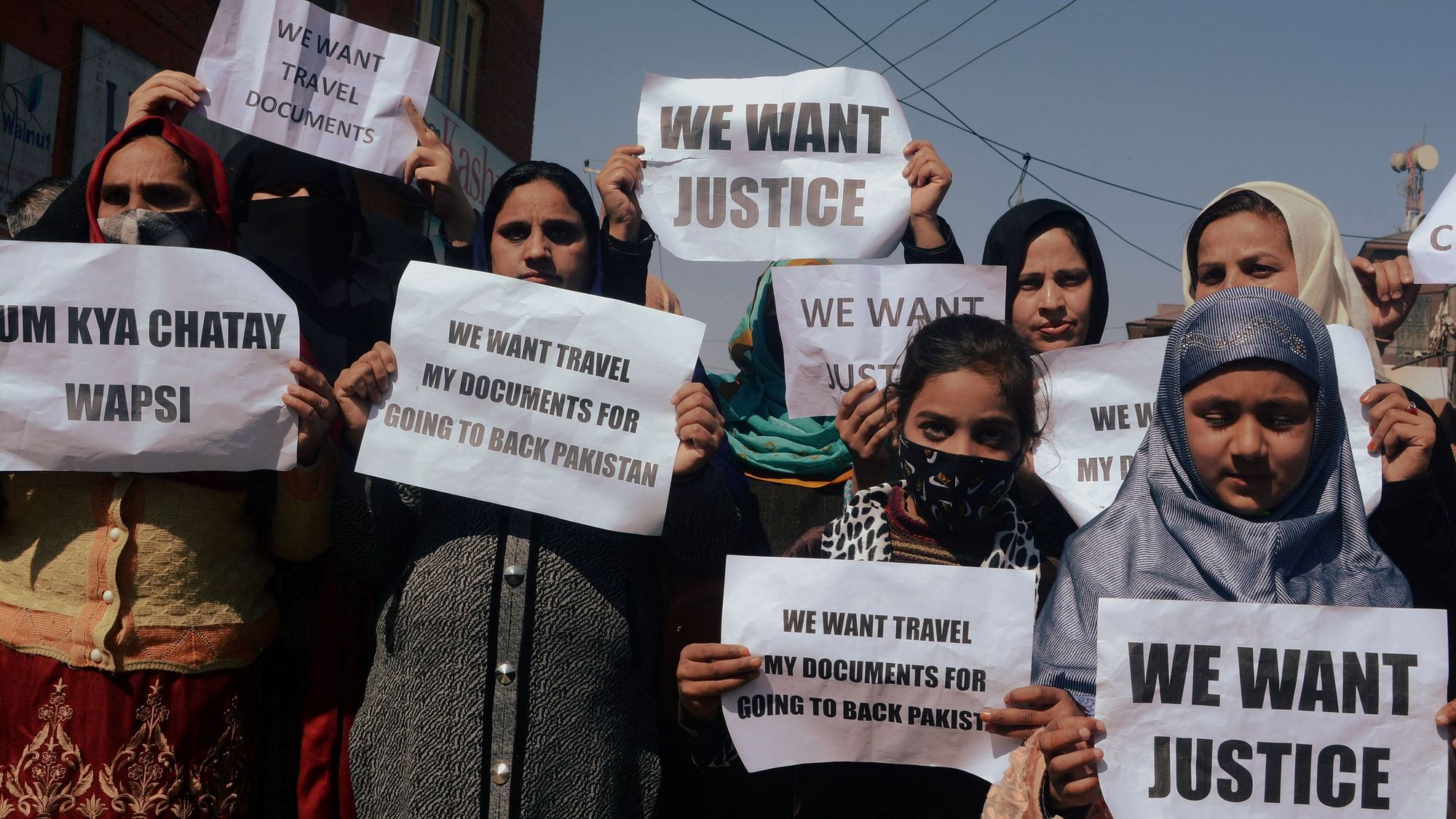 <div class="paragraphs"><p>The Pakistani wives of former Kashmiri militants staging a protest in Srinagar. </p></div>