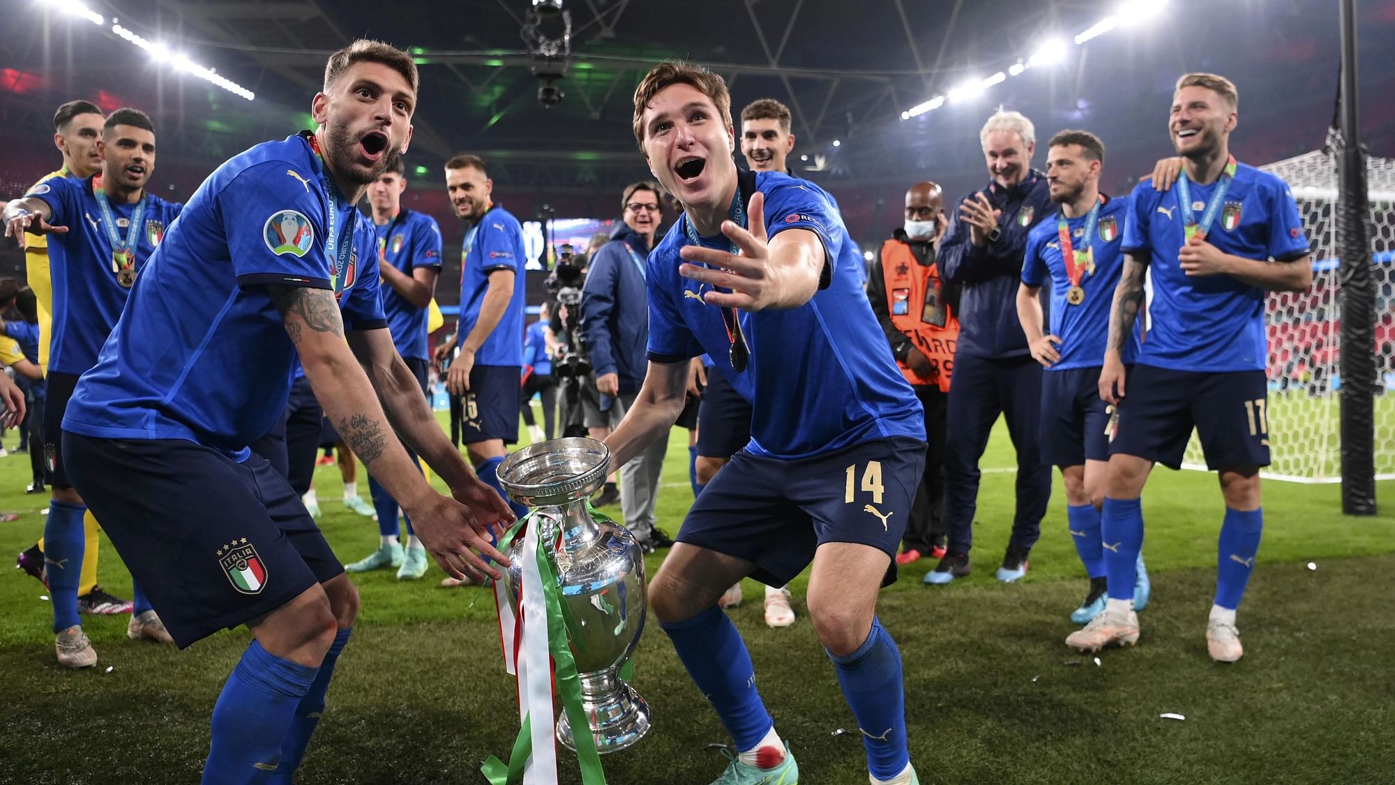 <div class="paragraphs"><p>File picture of Italian players celebrating with the trophy after the Euro 2020  final against England  at Wembley stadium in London, Sunday, July 11, 2021.</p></div>