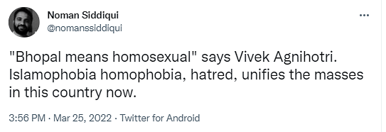 Filmmaker Onir reacted to Vivek Agnihotri's statements and tweeted, 'Homophobic man'.