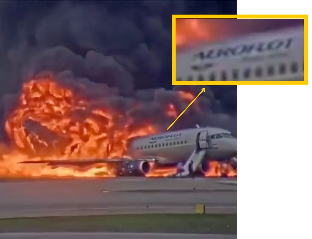 The video shows Russia's Aeroflot Sukhoi Superjet 100 on fire at Sheremetyevo Airport in Moscow.