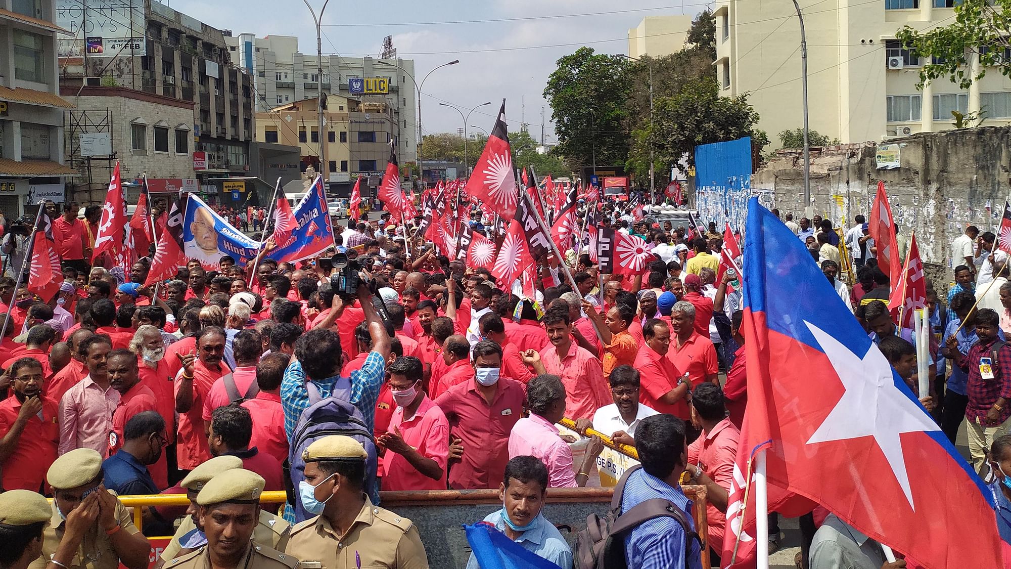 <div class="paragraphs"><p>Chennai: Activists of various trade unions stage a protest in support of the two-day Bharat Bandh called over the Centres policies that are allegedly affecting farmers, workers and citizens, in Chennai, Monday, March 28, 2022.</p></div>