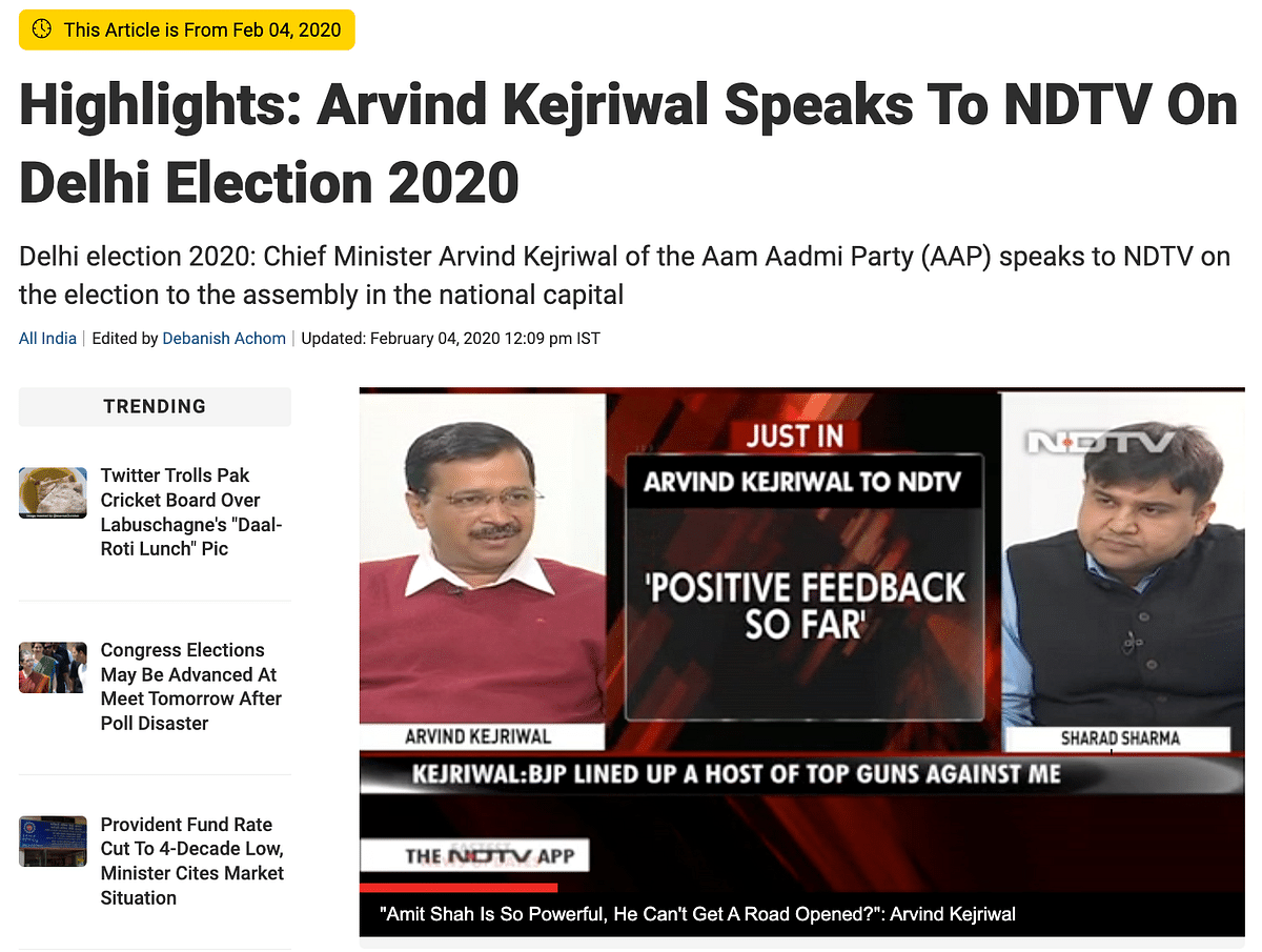 The video is clipped, and in the interview to NDTV, Kejriwal was speaking about a BJP supporter. 