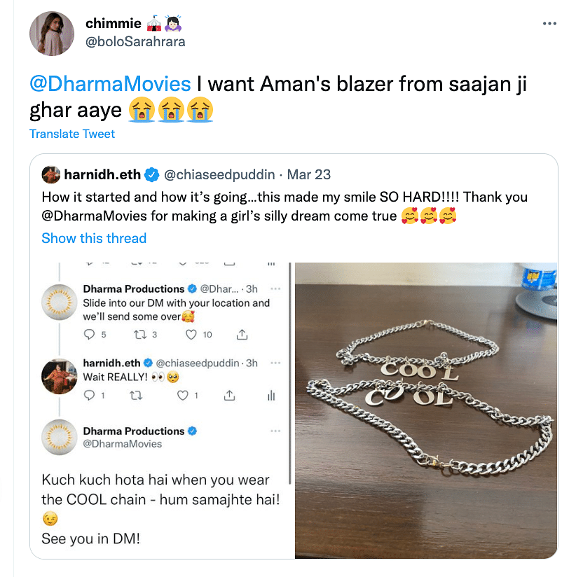 Harnidh tweeted asking about where she could get the chain, and Dharma actually responded!
