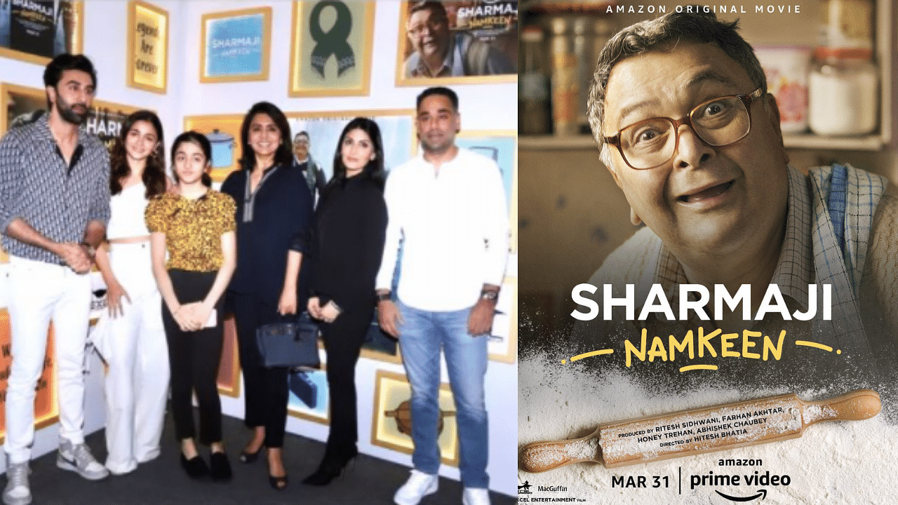 <div class="paragraphs"><p>Alia Bhatt with Ranbir Kapoor at Rishi Kapoor-starrer&nbsp;<em>Sharmaji Namkeen</em>'s screening.</p></div>