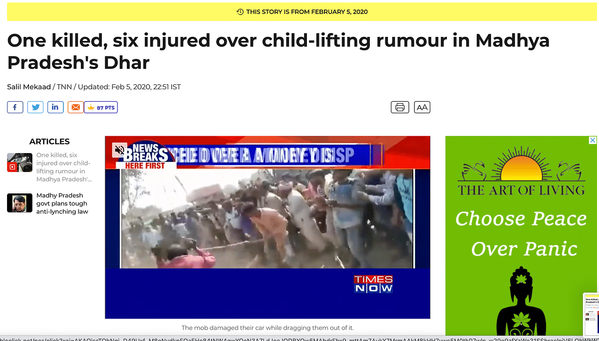 The video is from 2020 when one person was lynched by a mob in MP's Dhar district due to child-lifting rumours.