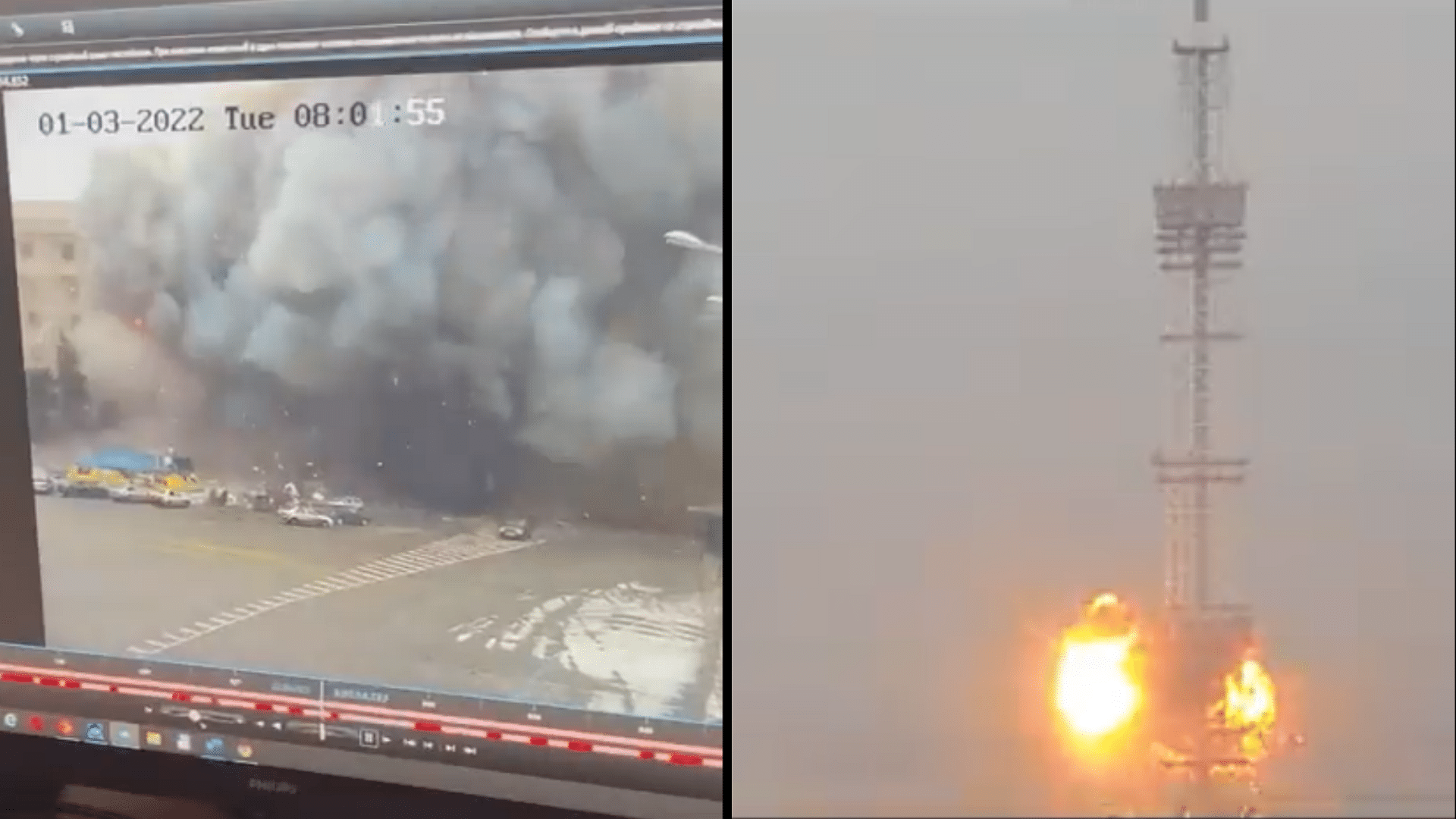 <div class="paragraphs"><p>Left:&nbsp;An administration building in the middle of Kharkiv's Freedom Square was blown up by a missile attack. Right: Missile attack on a TV tower in Ukraine's capital city Kyiv.</p></div>