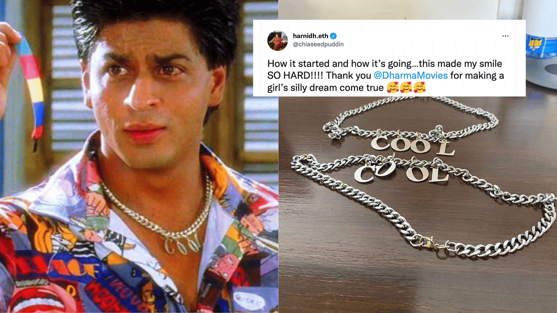 <div class="paragraphs"><p>Woman receives SRK's 'COOL' necklace as a gift from Dharma Productions.</p></div>