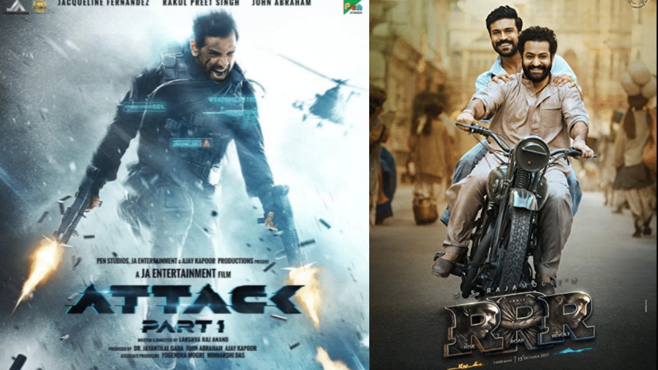 <div class="paragraphs"><p>John Abraham in the poster for&nbsp;<em>Attack&nbsp;</em>and Jr NTR and Ram Charan in the&nbsp;<em>RRR </em>poster.</p></div>