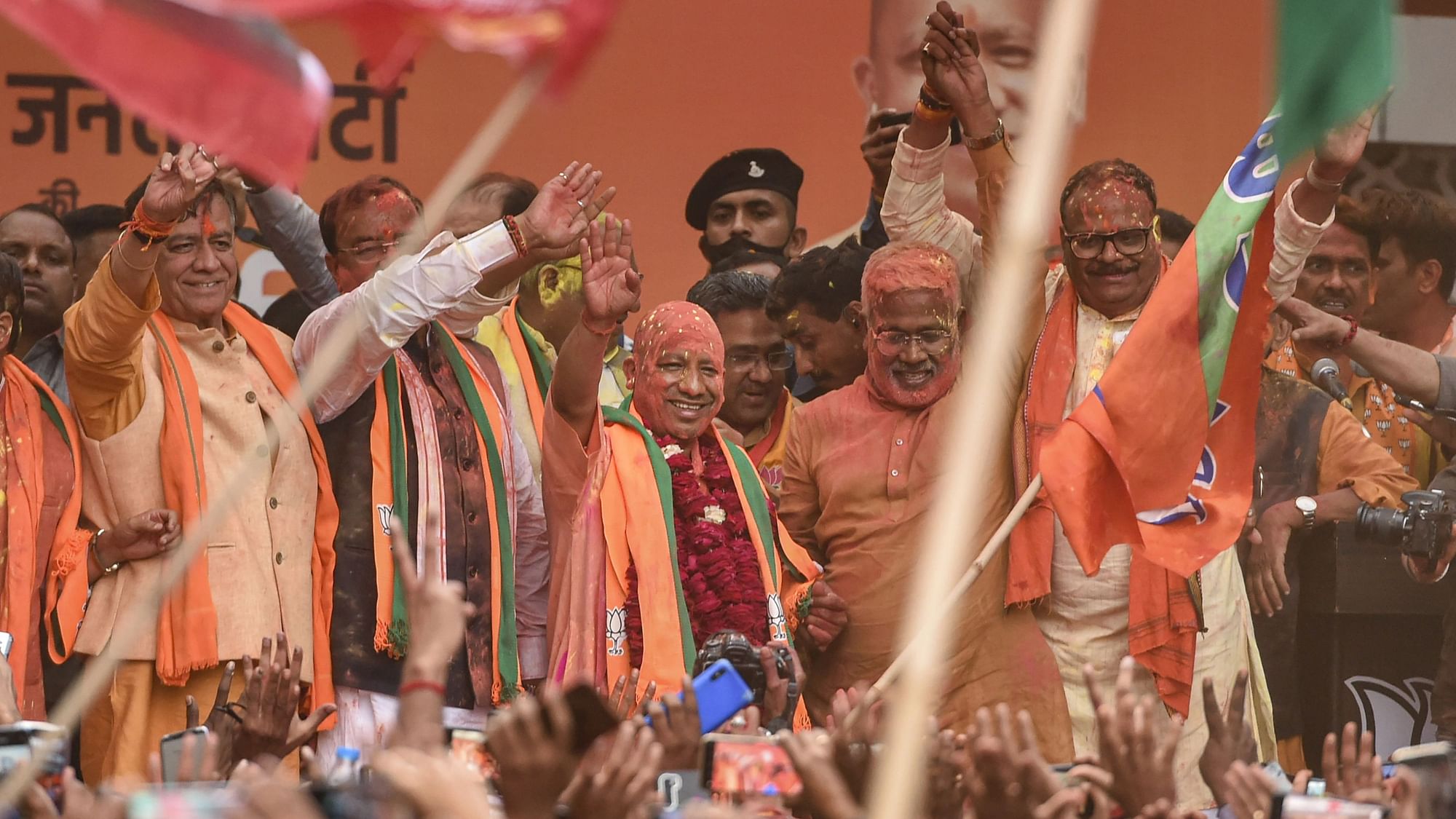 <div class="paragraphs"><p>Yogi Adityanath greets supporters after BJP's victory.</p></div>