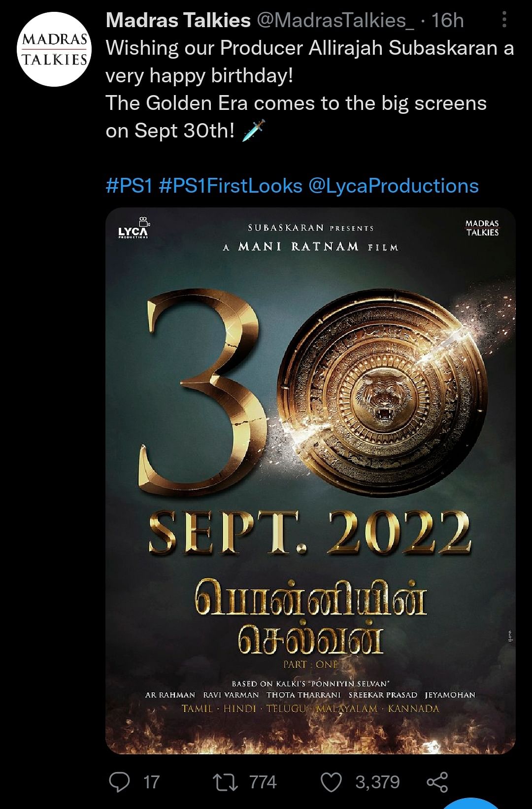 'Ponniyin Selvan', directed by Mani Ratnam, wil be released in two parts.