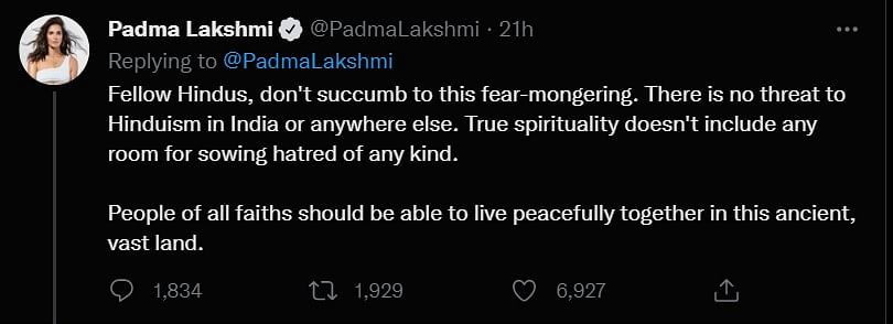 Padma Lakshmi wrote that 'true spirituality' doesn't have room for hate.