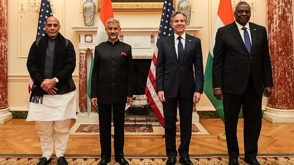 <div class="paragraphs"><p>External Affairs Minister S Jaishankar and Defence Minister Rajnath Singh with their US counterparts Secretary of State Antony Blinken and Defense Secretary Lloyd Austin after the India-US 2+2 Ministerial Dialogue held on Monday, 11 April.&nbsp;</p></div>
