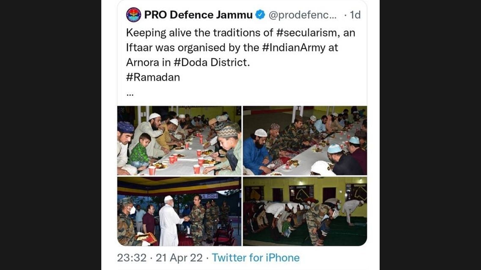 <div class="paragraphs"><p>A screenshot of the now-deleted tweet by the official account of the Defence PRO in Jammu.</p></div>