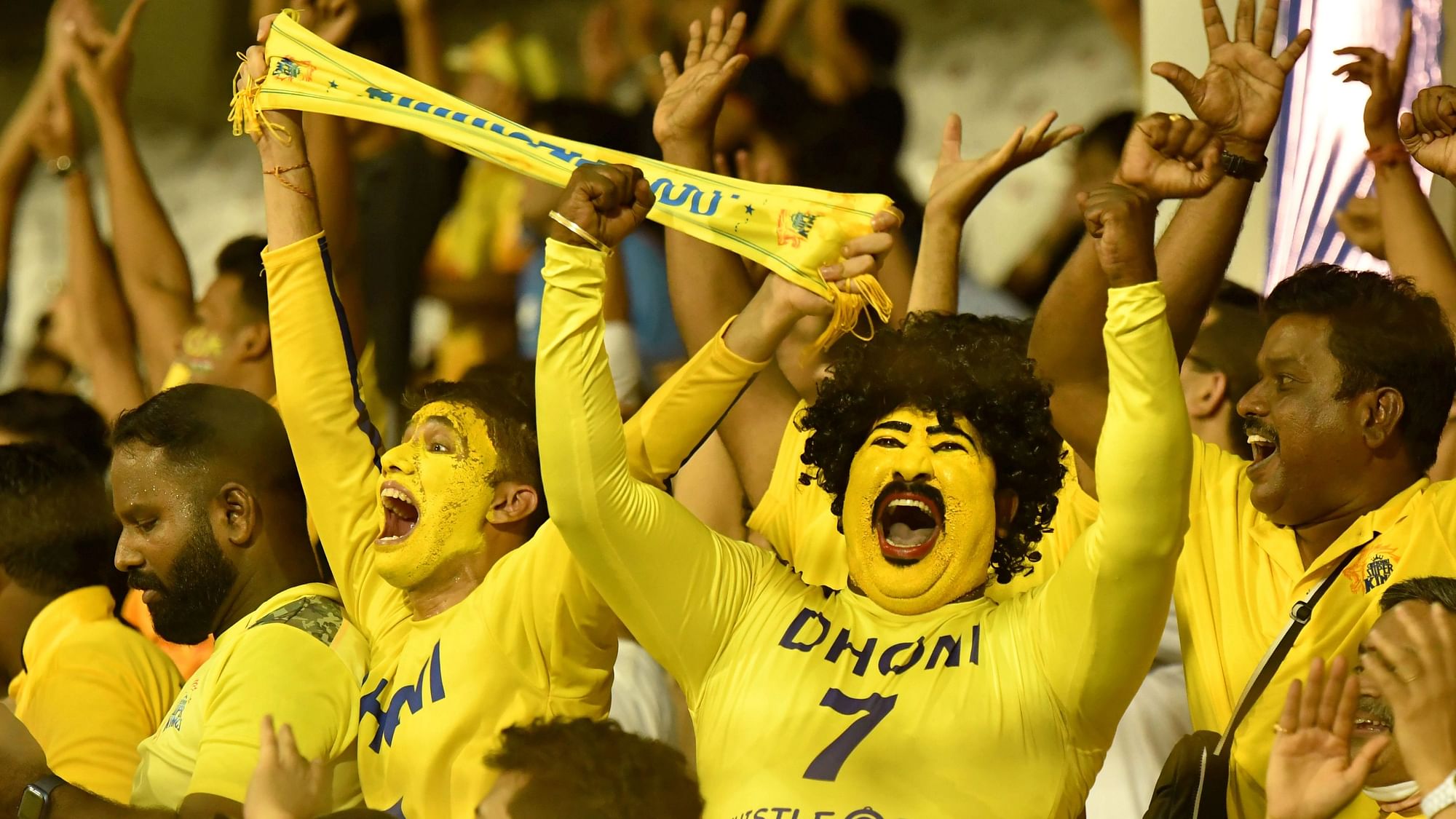 <div class="paragraphs"><p>Chennai Super Kings fans cheer their team during match 7 of the Indian Premier League (IPL) cricket tournament between the Lucknow Super Giants and the Chennai Super Kings, at the Brabourne Stadium in Mumbai, </p></div>