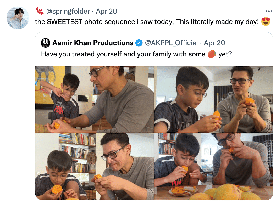 Aamir Khan Productions posted cute pictures of Aamir and his son devouring mangoes.