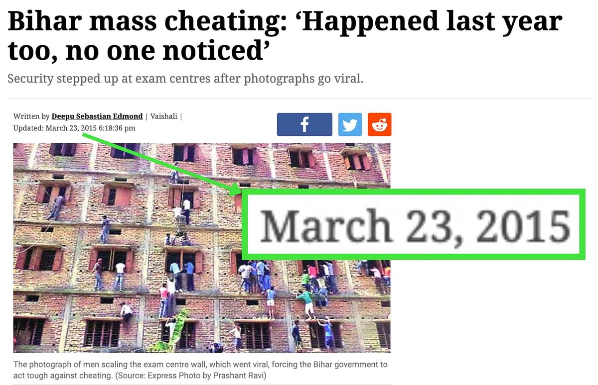 The photograph is from 2015 and shows a mass cheating scandal in Vaishali, Bihar.