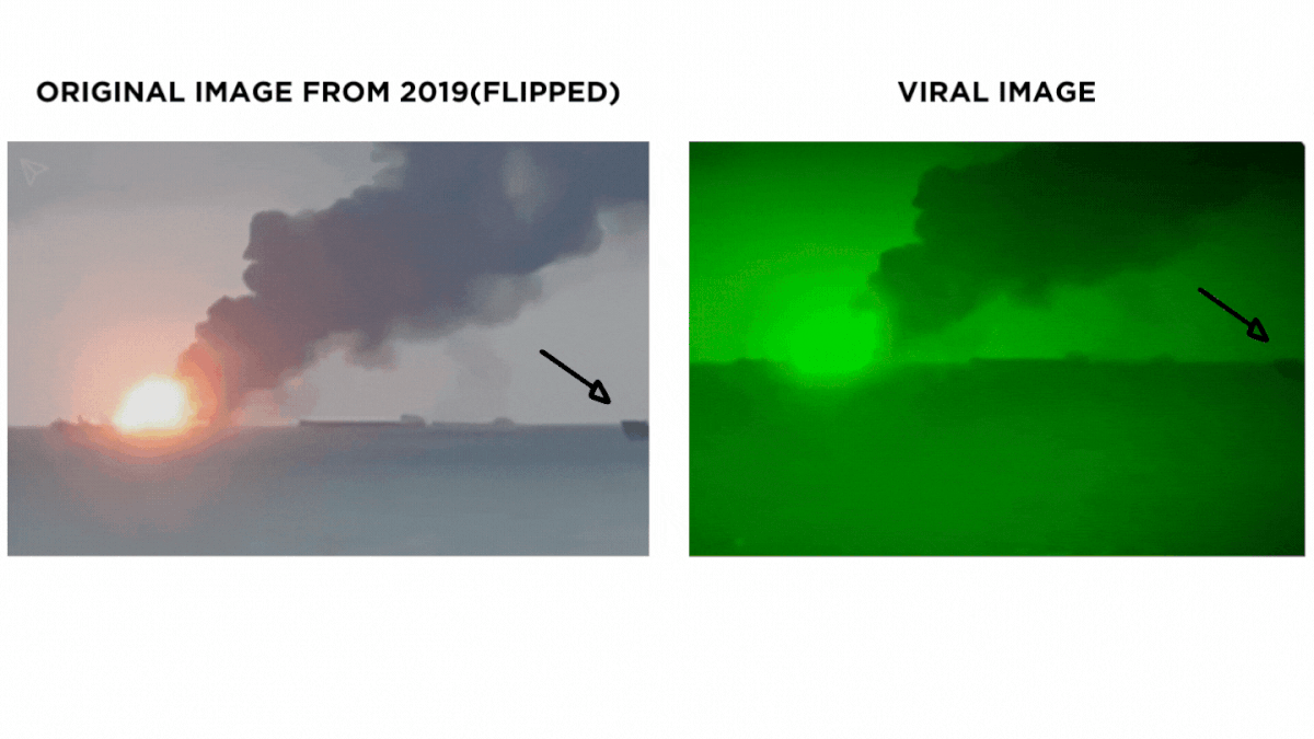 The viral video from 2019 was flipped, edited, and showed two ships catching fire in the Black Sea.