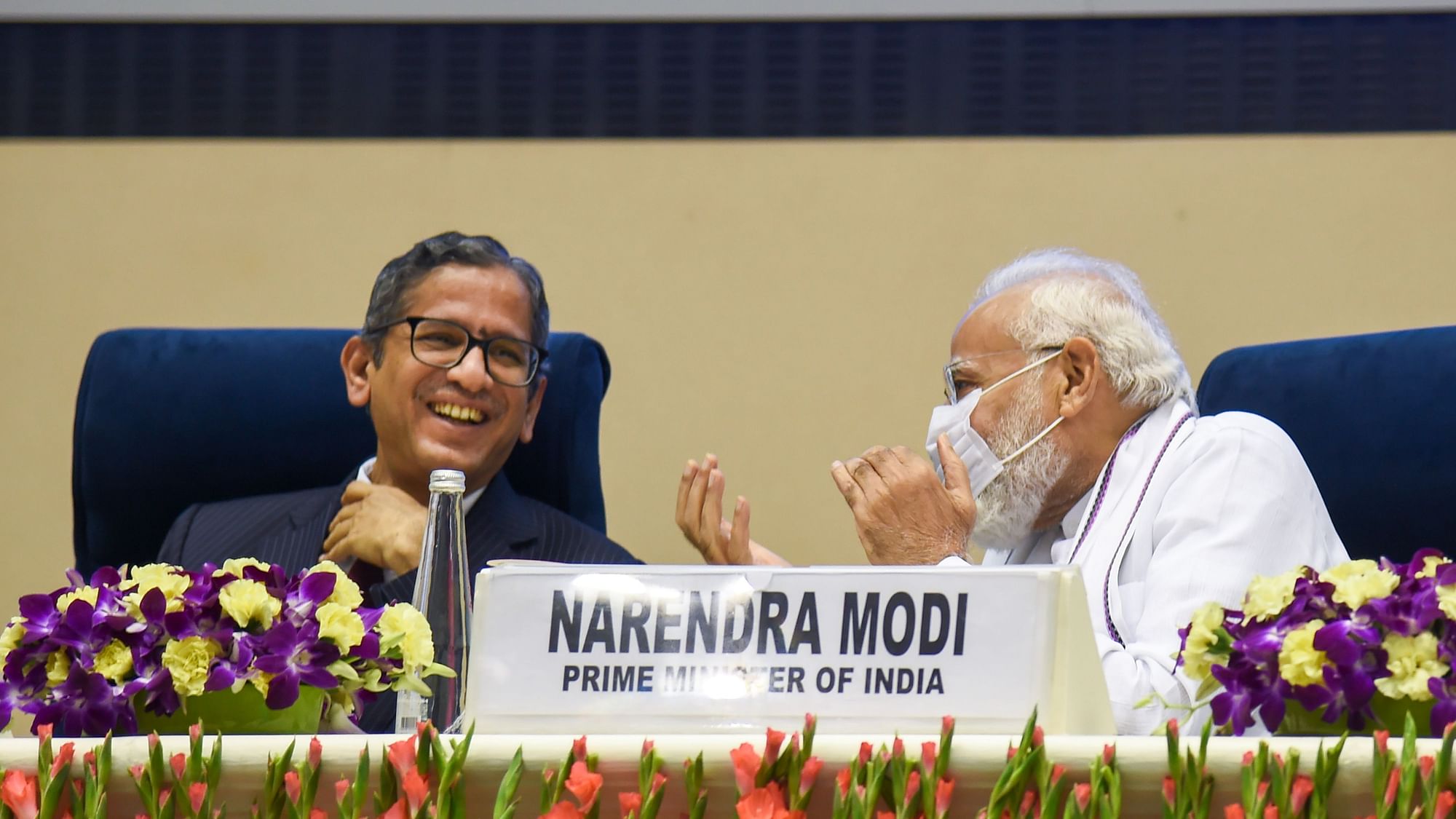 <div class="paragraphs"><p>Prime Minister Narendra Modi with Chief Justice of India NV Ramana during a joint conference of CMs of States and Chief Justices of High Courts, at Vigyan Bhawan in New Delhi, Saturday, 30 April.</p></div>