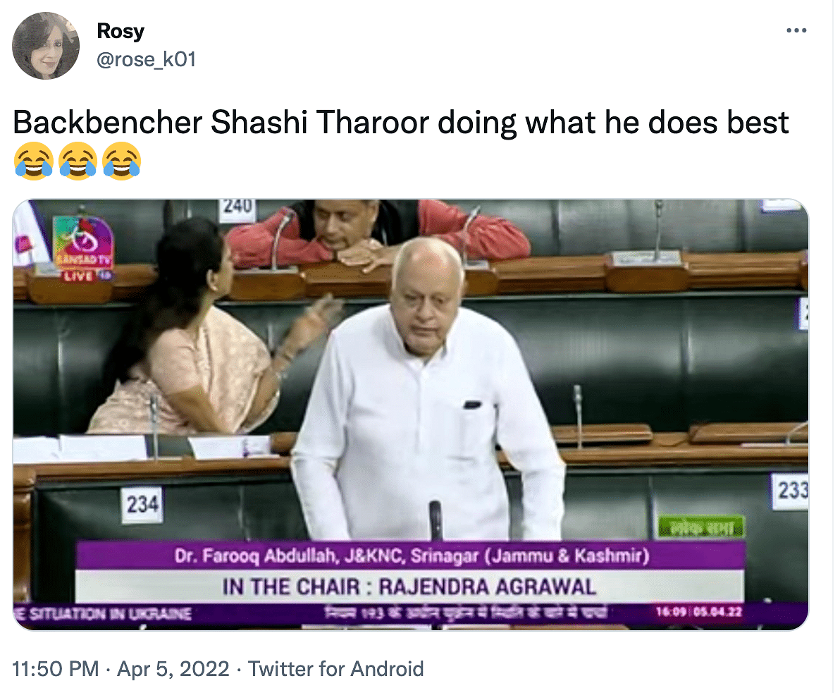 Shashi Tharoor was seen chatting with NCP MP Supriya Sule as Dr Farooq Abdullah was addressing the parliament.