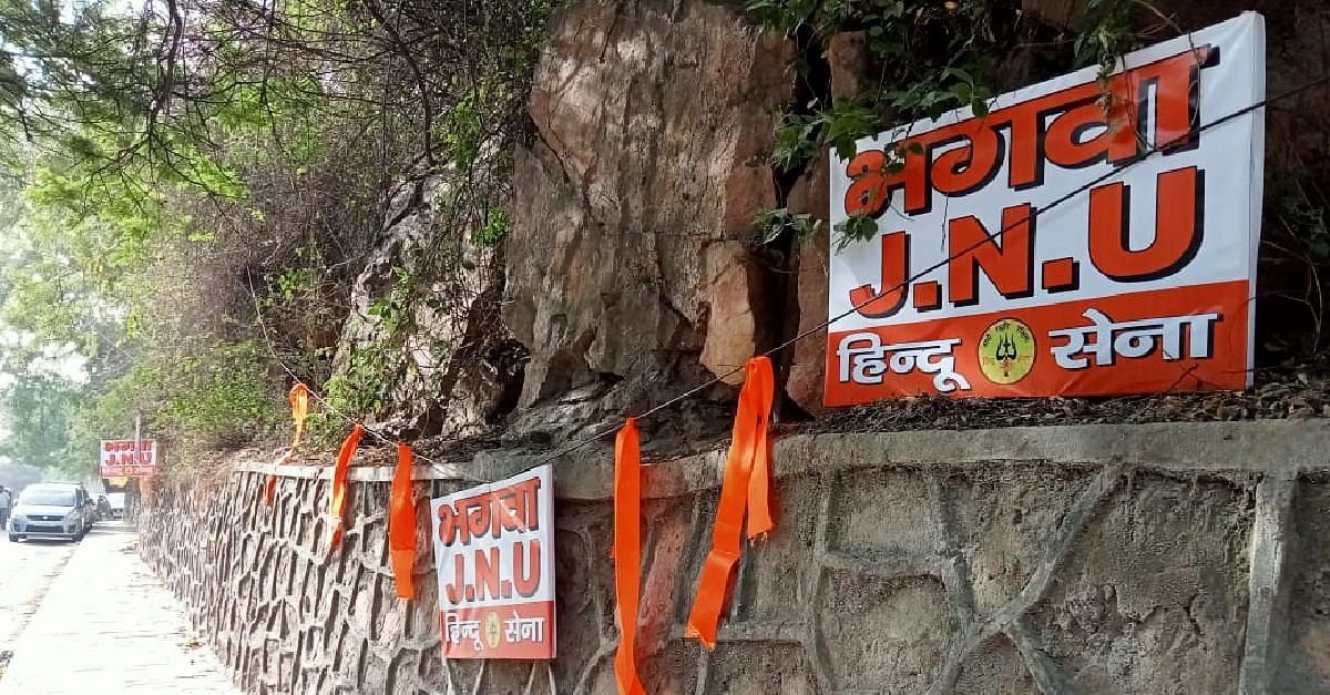 <div class="paragraphs"><p>Members of the Hindu Sena put up saffron flags and posters that read ‘Bhagwa JNU' (saffron JNU) near campus.&nbsp;</p></div>