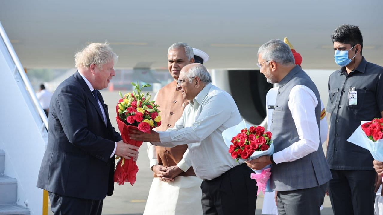 <div class="paragraphs"><p>British Prime Minister Boris Johnson was received by Bhupendrabhai Patel, the chief minister of Gujarat, at Ahmedabad Airport.</p></div>