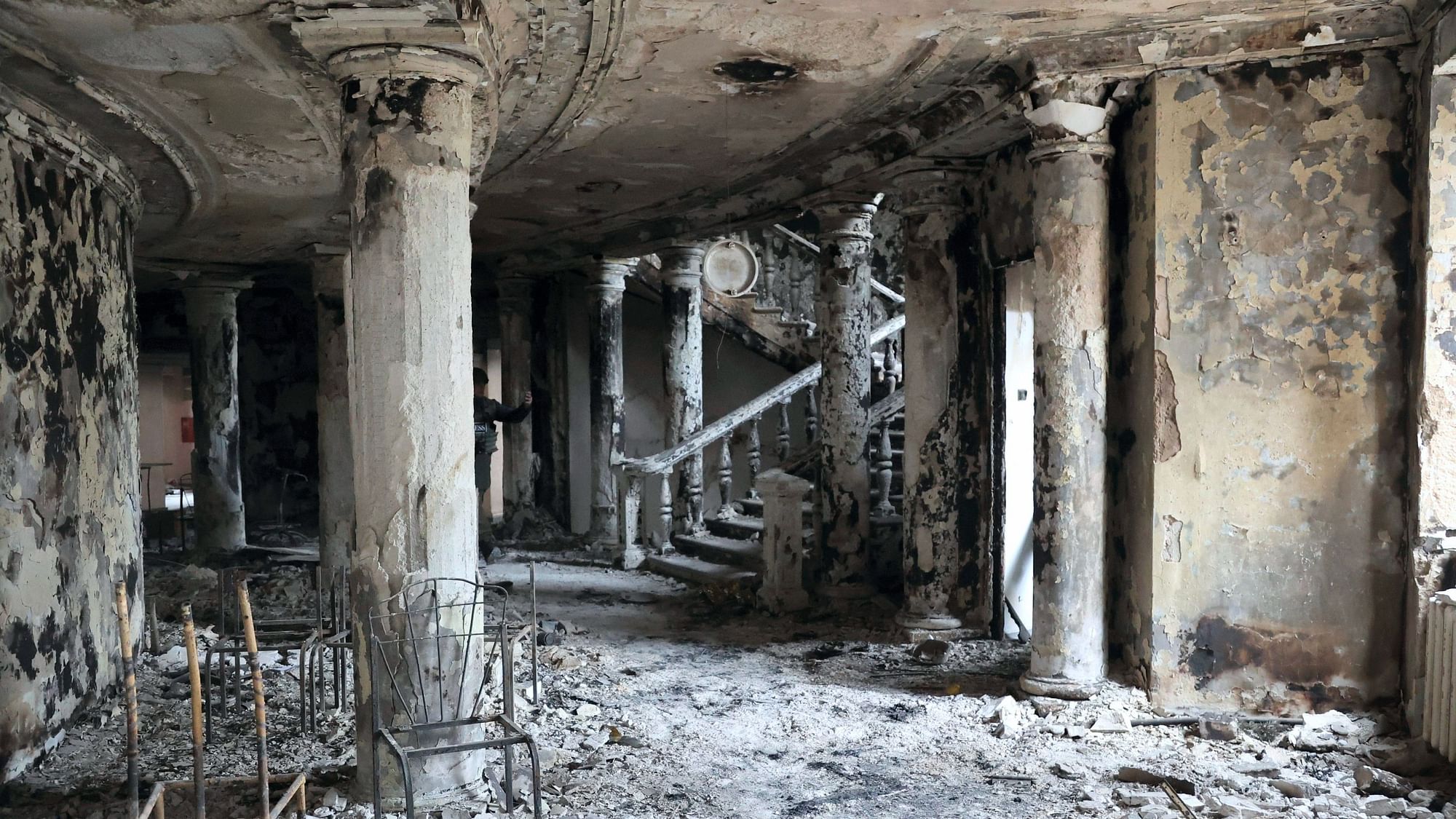 <div class="paragraphs"><p>A view inside the Mariupol theatre, damaged during fighting.&nbsp;</p></div>