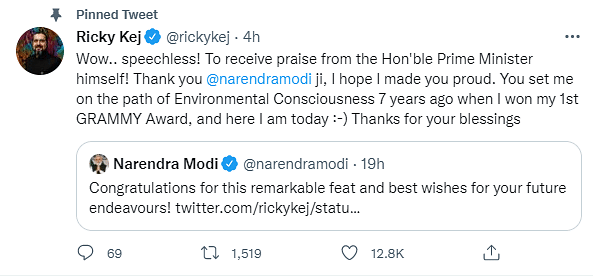 Indian musician Ricky Kej thanked PM Modi for setting him 'on the path of environmental consciousness'.