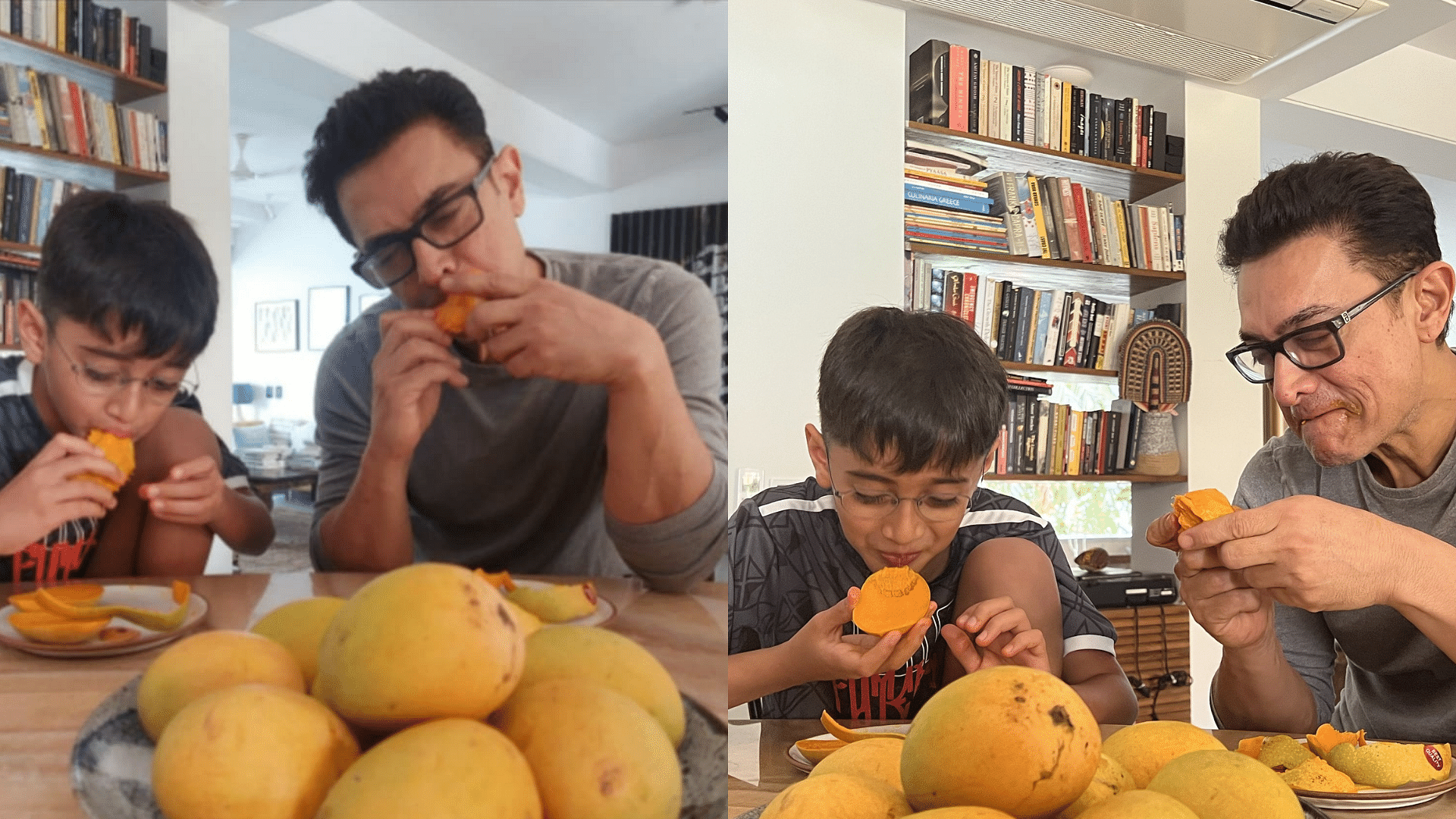 <div class="paragraphs"><p>Aamir Khan and son Azad enjoy mangoes.</p></div>