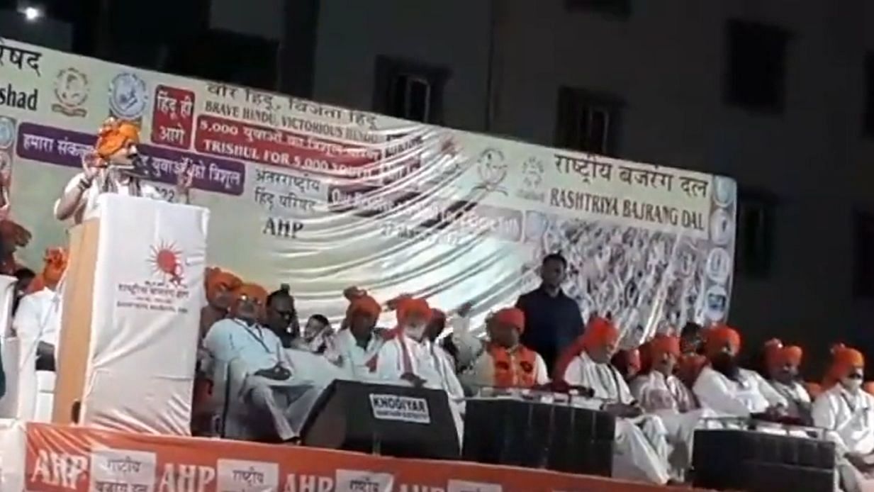 <div class="paragraphs"><p>Manoj Kumar, the national president of the Rashtriya Bajrang Dal, made derogatory comments against the community at AHP’s ‘Trishul Diksha’ (Trident distribution) event, held on 26 &amp; 27 March in the Ranip area of the city.</p></div>
