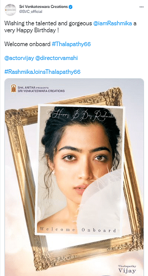 Rashmika Mandanna and Vijay will work together for the first time on 'Thalapathy 66'.