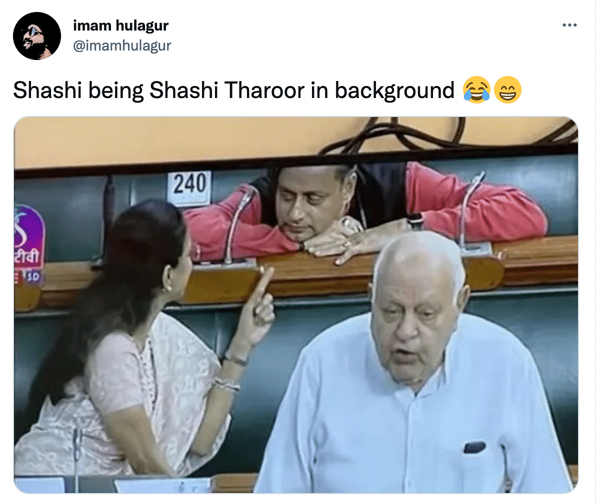 Shashi Tharoor was seen chatting with NCP MP Supriya Sule as Dr Farooq Abdullah was addressing the parliament.