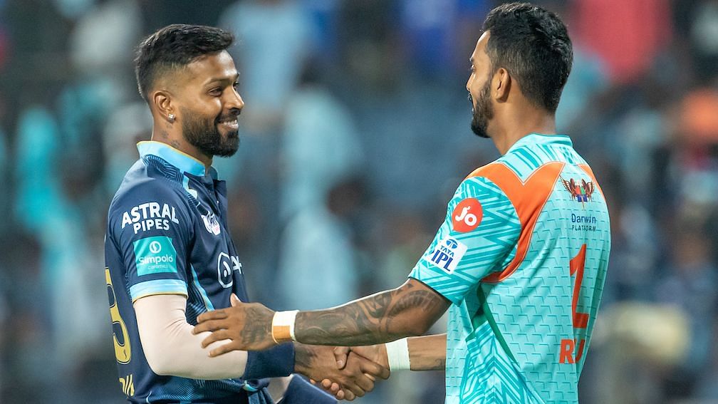 <div class="paragraphs"><p>GT captain Hardik Pandya and LSG captain KL Rahul interacting with each other after on of their IPL 2022 matches.</p></div>