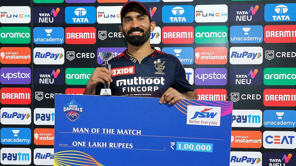 <div class="paragraphs"><p>Indian cricketer and RCB star batter Dinesh Karthik after receiving an Man of the Match award in IPL 2022.&nbsp;</p></div>